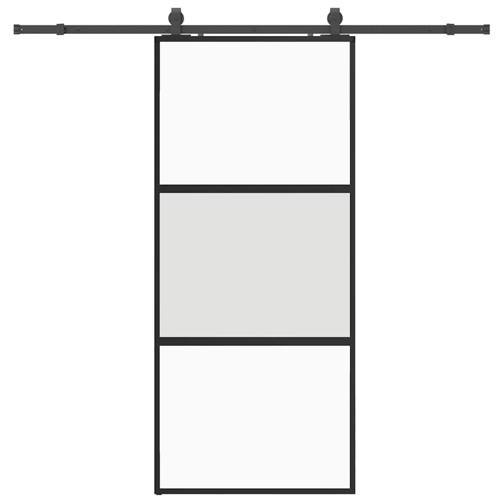Drzwi przesuwne z okuciem, czarne, 90 x 205 cm, szkło hartowane, rama aluminiowa, matowa ochrona prywatności, trwałe i odporne na korozję, łącznie z akcesoriami montażowymi