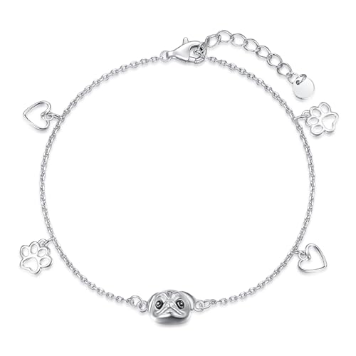 KINGWHYTE Braccialetto per cani da donna, in argento sterling 925, con bulldog francese, con impronta di zampe e cuore, regolabile, idea regalo per gli amanti dei cani