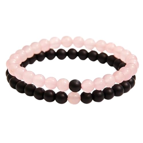 Bracelet distance amour en quartz rose et onyx noir pour couple