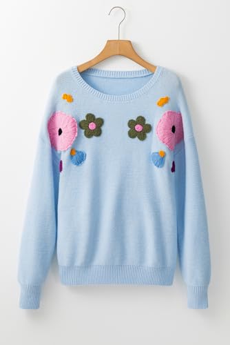 Women's Light Blue Knitted Sweater with Floral Pattern and Ribbed Edge4