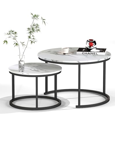Amveya Table Basse Marbre Gigogne Ronde, Table Basse Salon Ronde Blanche, Meubles de Salon Moderne avec Cadre Noir