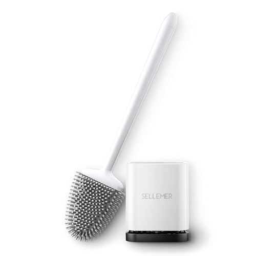 Sellemer Klobürste Silikon, Wand/Fuß Montierte Toilettenbürste, WC Bürste mit Schnell Trocknendem Halter, Flexible Silikon WC Bürste für Toilette(Weiß)