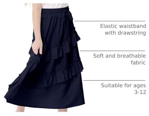 Image of Girls High Waisted Ruffle Maxi Skirt Soft Cotton Long Skirts with Elastic Waistband for Kid Girl 3-12 Years