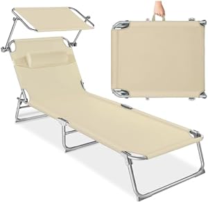 tectake® Sonnenliege mit Dach, Strandliege klappbar, leichte Gartenliege, Outdoor Liegestuhl mit Verstellbarer Rückenlehne, inkl. Kopfkissen - ideal für Balkon, Terrasse, Camping, Strand - beige