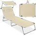 tectake® Sonnenliege mit Dach, Strandliege klappbar, leichte Gartenliege, Outdoor Liegestuhl mit Verstellbarer Rückenlehne, inkl. Kopfkissen - ideal für Balkon, Terrasse, Camping, Strand - beige
