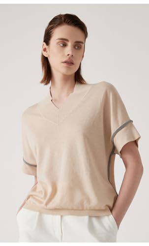 V-Neck Linen Blend Short Sleeve Sweater, Metallic Trim Detail, Relaxed Fit, BY4511177 (US, Alpha, Small, Regular, Regular, Khaki)2