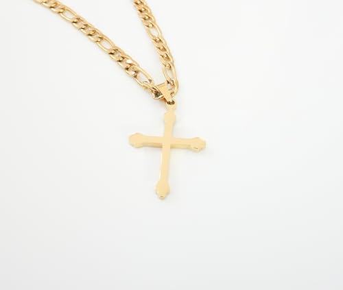 18K Gold Figaro Chain Style Small Cross Pendant Necklace 5MM Cross Necklace Clasp for Men, Women, Fashion Jewelry Religious Gifts Cuban Link Diamond Cut Beveled Edge4