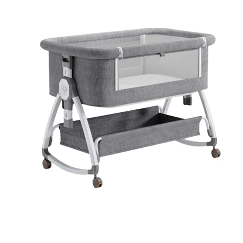 JICOMUS高さ調節可能な継ぎ接ぎ大型ベッドベビーベッド コンパクトで折りたたみ可能移動式ベビーベッドコンバーチブルクレードル 6段階調整とフリースプライシング 静音リフト機能とキャスター 出産祝い 新生児 0ヶ月から (グレー,単純)