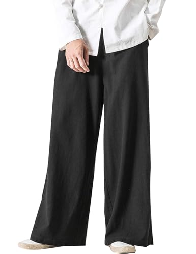 Flygo Mens Linen Pants Casual Wide Leg Baggy Pants Summer Cotton Elastic Waist Yoga Beach Palazzo Trousers