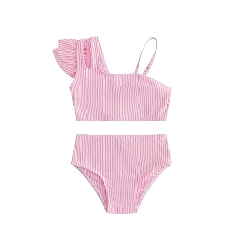 LIZENS Two Piece Girls Swimsuit, One Shoulder Ruffled Bikini