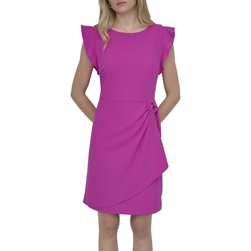 Image of DKNY Women's Flutter Sleeve Faux Wrap Dress with Hardware