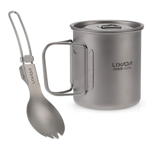 Lixada 420ml Titanium Mug Portable Camping Cups Foldable Ultralight Mug with Lid Picnic Titanium Cup with Folding Spork for Outdoor Camping Picnics