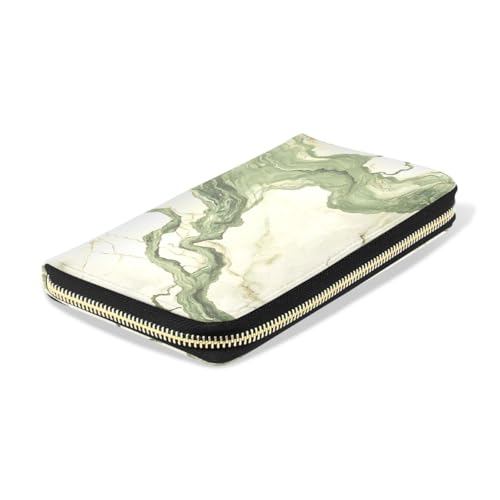 Long Wallets Leather Bifold Wallet for Women Marble Green with Zipper Large Capacity Credit Card Holder4