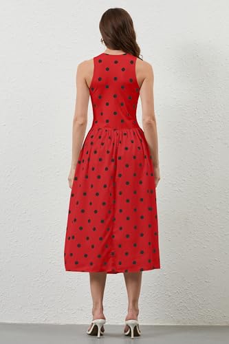 Image of TERIVEEK Women Summer Polka Dots Sleeveless Midi Dress Casual High Neck Patchwork Tank Sundress Boho Flowy Dress with Pockets
