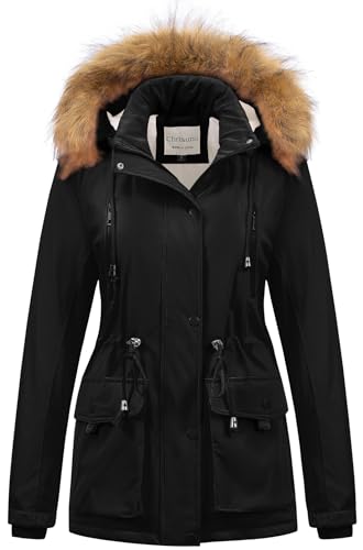 Chrisuno Women's Winter Parka Coats Soft Fleece Sherpa Lined Drawstring Snow Jacket With Faux Fur Trim Hood