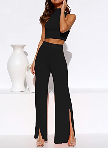 ARTFREE Womens 2 Piece Outfits Sets Casual Sweatsuits Streetwear, Ribbed Knit Palazzo Wide Leg Pants and Cropped Tops3