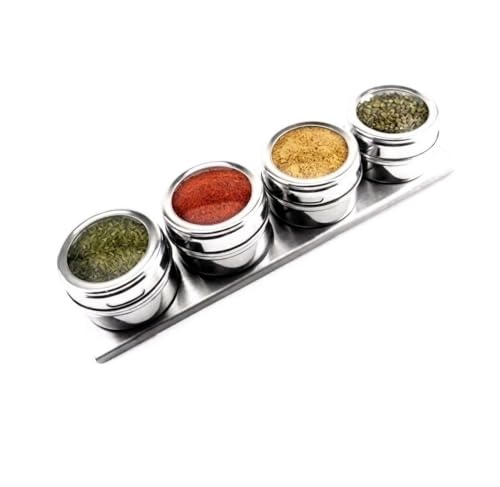 Conjunto Porta Temperos Magnético 4 Peças 70ml em Aço Inox com Visor na Tampa e Base com Imã para geladeira Porta Condimentos para Temperos e Especiarias