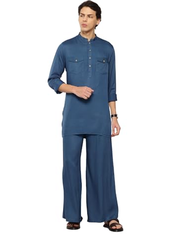 Image of See Designs Men's Long Sleeve Curved Hem Mandarin Collar Rayon Solid Pathani Sets