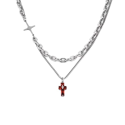 GulCean Goth Cross Necklace for Men Stainless Steel Trendy Y2K Layered Paper Clip Cross Cuba Chain Red Black Zircon Liquid Metal Cross Pendant Charm Choker Necklace for Women