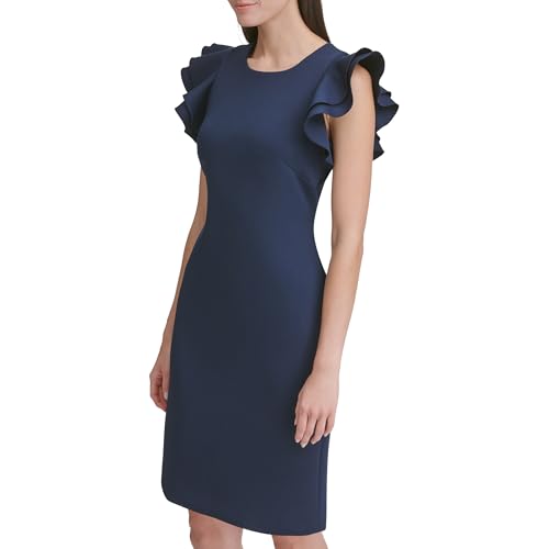 Image of Tommy Hilfiger Women's Sleeveless Ruffle Hem Jewel Neck Crepe Sheath Mini Dress