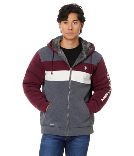U.S. Polo Assn. Men's USPA Tri Color-Block 2 Stripe Sherpa Hoodie Dark Heather Grey Medium