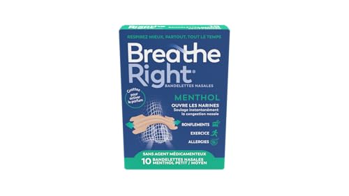 Breathe Right Menthol - Bandelette nasale - Taille M/S - Sommeil : aide à réduire les ronflements - Rhume, allergies, sport : vous aide à mieux respirer - Bandelettes couleur peau, 10 pièces