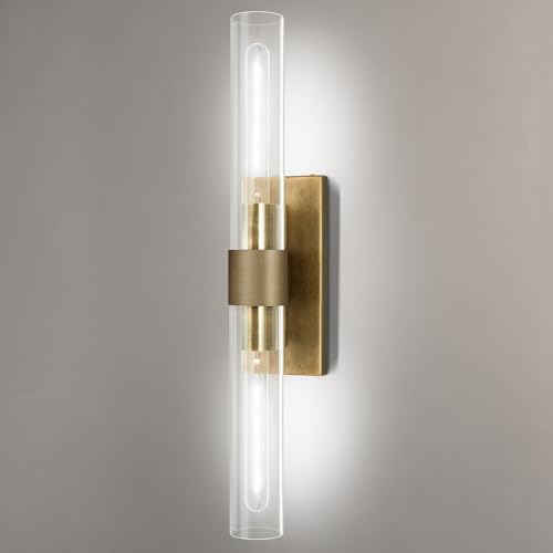 Image of 22.8 inch Knurled Brass Wall Sconces, 2-Light Dimmable Modern Lamp Lighting, Bronze Wall Lighting with Glass, Gold Vanity Light Fixtures Tube Sconce for Bedroom, Living Room, Hallway, Mirror, Kitchen