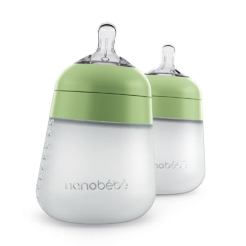 Image of Nanobebe Flexy Silicone Baby Bottle, Anti-Colic, Natural Feel, Non-Collapsing Nipple, Non-Tip Stable Base, Easy to Clean 2-Pack, Sage, 9oz