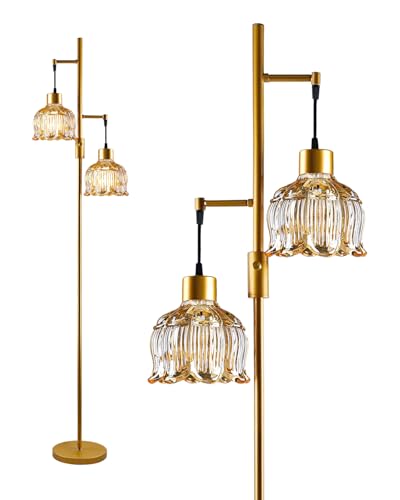 Image of Lightdot 2- Light Gold Flower Floor Lamp, 65IN Amber Glass Floor Lamps with 3000K Warm White Bulbs, Modern Standing Tall Lamp with 5Lbs Heavy Base for Living Room Bedroom Home Office Sofa Beside