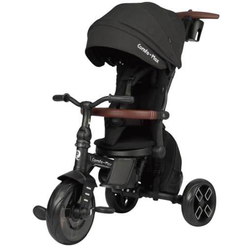 Qplay Comfo Max Evolutionary Tricycle, 6-in-1, Black, Tricycle for Babies, 1 Year, Foldable, Made of Aluminium, with 360° Seat, Tilting and Canopy, for Babies from 10 to 72 Months, Black