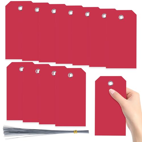 Swpeet 200 etiquetas de plástico rojas de 6.3 x 3.15 pulgadas, impermeables, para escribir, con ojales, kit surtido de cables, etiquetas colgantes adjuntas con ojales en blanco para etiquetar equipaje