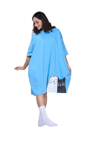 Image of LAMA STORE Women's Printed Oversized T-Shirt Dress, Cotton, 3 /4 Sleeve Length, Casual Loose Fit, Comfort Wear Extra Comfy Oversized Printed Pocket T-Shirt Dress