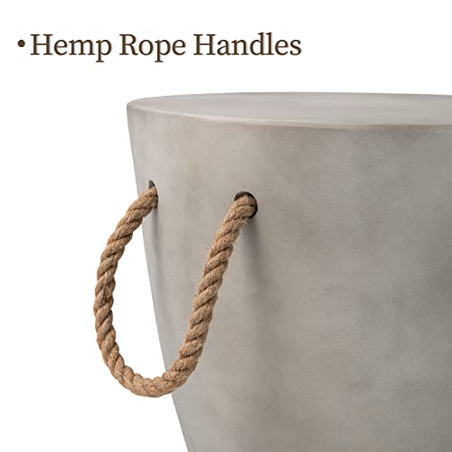 COSIEST Set of 2 Outdoor Cup Shaped Side Table, Concrete Side Table w Hemp Rope Handles,17\'\'Patio Side Tables End Table, Outdoor Accent Table for Garden and Patio, Grey