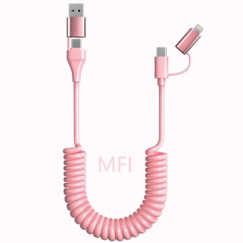 Coiled USB C Lightning Cable 4 in 1 [Apple Carplay Android Auto], 60W Fast Charging USB C to USB C Cable MFi Certified, iPhone Car Pink Charger Carplay Cord for iPhone 16 15 14 iPad Android
