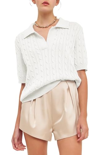 Image of Women's Cable Short Sleeve Sweaters Summer Casual Solid Lapel V Neck Knit Pullover Tops