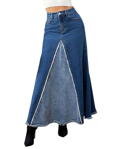 【GRANCY】Fringedesign Denim Skirt M FA Women's Fringe Midi Skirt Medium Wash Denim - OpryShop