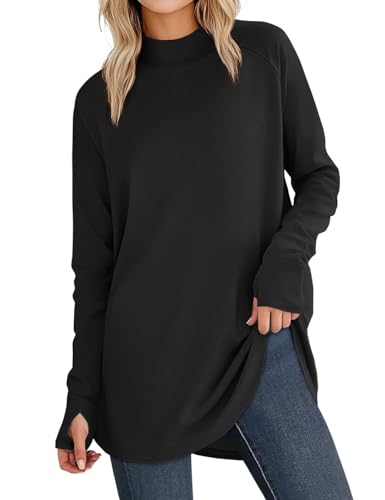JUSTFASHIONNOW Tunic Tops for Women Casual Long Sleeve Turtle Neck Shirts Thumb Hole Curved Hem Tops Fall Fashion