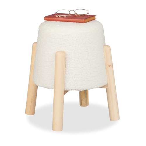 Relaxdays Taburete, Bouclé, Patas de Madera, 40x30 cm, Salón, Puff Peluche, Reposapiés Tapizado Redondo, Blanco/Natural