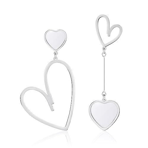 Linawe Titanium Stainless Steel Heart Dangle Earrings for Women - Trendy, Gold/Silver/Rose Gold Big Drop, Mismatched Love, Asymmetrical