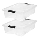 IRIS USA 27 Qt Stackable Plastic Storage Bins with Lids, 2 Pack - BPA-Free, Made in USA - Discreet Organizing Solution, Latches, Durable Nestable Containers, Secure Pull Handle - Clear