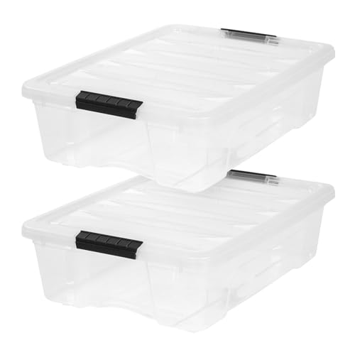 Image of IRIS USA 27 Qt Stackable Plastic Storage Bins with Lids, 2 Pack - BPA-Free, Made in USA - Discreet Organizing Solution, Latches, Durable Nestable Containers, Secure Pull Handle - Clear