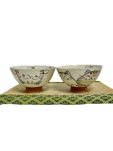 Japanese Mino Ware Ceramic Rice Bowls Set, 4.53 x H2.48 Inches, 7.8 Fluid Ounces, Cute Smiling Cats Blue, Set of 2 (Blue)