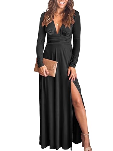 Image of ANRABESS Women Deep V Neck Long Sleeve Slit 2024 Fall Elegant Formal Wedding Guest Cocktail Evening Date Prom Maxi Long Dress