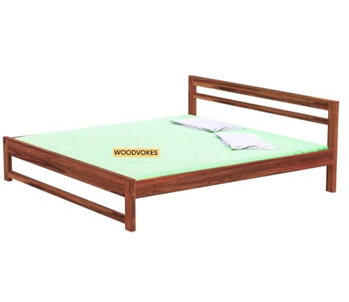 Image of Sheesham Wood Bed Without Storage Solid Wooden Cot Double Bed Furniture Elegant and Functional Bedroom Living Room Home Palang (Honey, Queen)