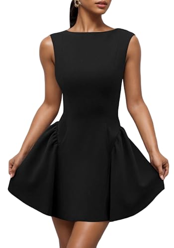 Image of Kwunbwa Women's Sexy Sleeveless Boat Neck Backless A Line Mini Dress | Ruffle hem, flowy, solid color, suitable for casual, party, cocktail, club, prom, wedding guest, vacation, birthday, travel