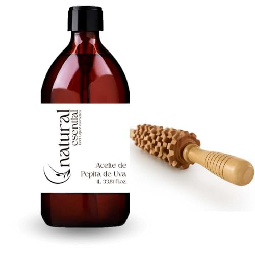 Aceite de Pepita de Uva 1Litro con Rodillo de Masaje | Set de Masaje Corporal | Ideal Sesiones de Maderoterapia | Aromaterapia | Tratamiento corporal reductor y reafirmante