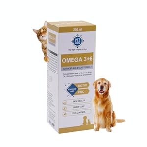 PET360 Omega 3+6 Concentrated Salmon Fish Oil for Dogs & Cats with Vitamins & Minerals | Shinier Coat, Itch & Allergy Control | Improves Skin & Hair Health | Nutritional Supplement for Pets – 200 ml