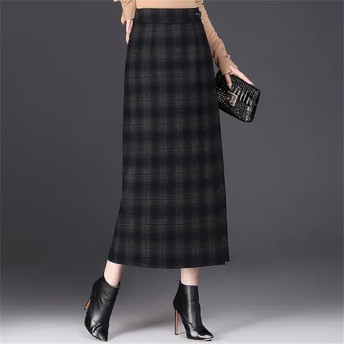Women's Solid High-Waisted Button-Embellished Slim-Fit Plaid Midi-Length Straight Wool Mini A-Line Skirt4