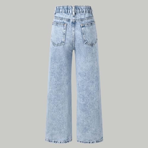 Girls Ripped Jeans Distressed Denim Cotton Baggy Pants Straight Wide Leg Lightweight Comfortable High Waist for 8-14Y4