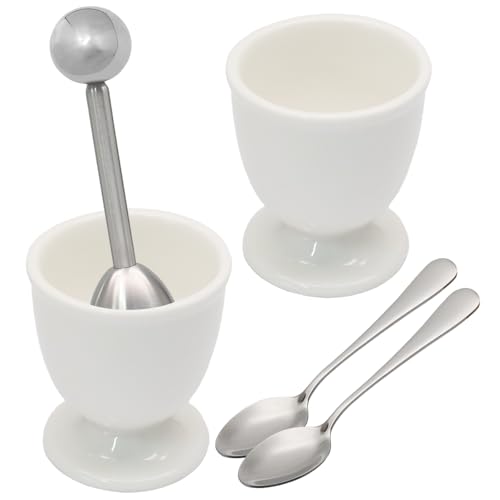 Image of 5 Pcs Ceramic Egg Cup & Egg Topper Cutter Set for Soft Boiled Eggs | Include 2 White Porcelain Egg Cups, 1 Stainless Steel Egg Cutter, 2 SS Spoons in Kitchen for Breakfast Cooking /Gift Childhood